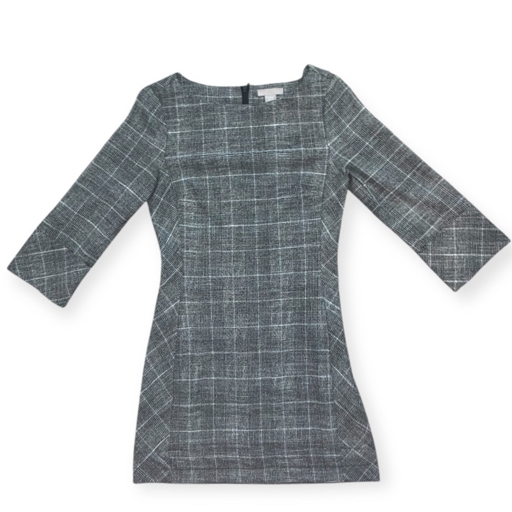 H&M Womens Plaid 3/4 Sleeve Sheath Dress Black White Boat Neck Academia